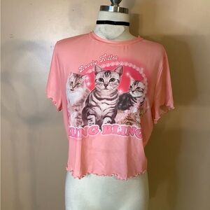 Shein Curve Romwe Pink Sheer Ruffle Edge BabyDoll Crop Kitten Cats Shirt 1X plus